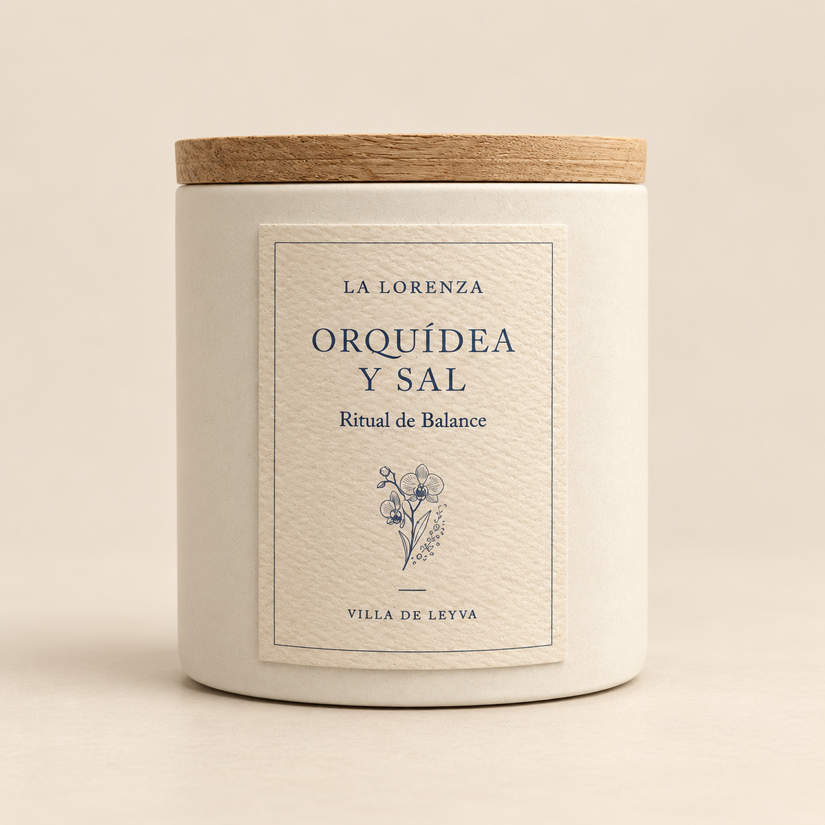 Vela de orquídea y sal en concreto con tapa de madera de La Lorenza