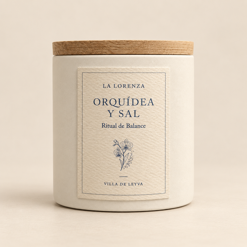 Vela de orquídea y sal en concreto con tapa de madera de La Lorenza
