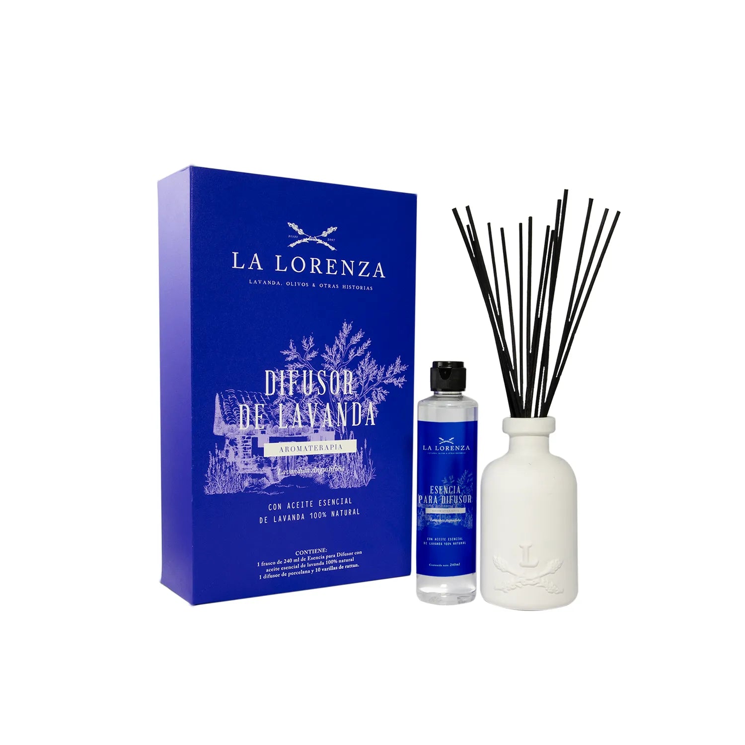 Difusor con Aceite Esencial de Lavanda Orgánico y Varitas de Bambú